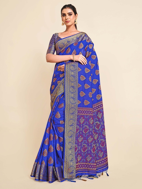 

MIMOSA Blue & Red Ethnic Motifs Zari Art Silk Handloom Kanjeevaram Saree