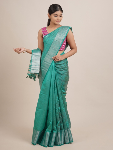 

Pothys Green & Silver Ethnic Motifs Woven Design Saree