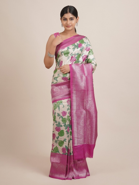 

Pothys Cream-Coloured & Purple Floral Jute Silk Saree