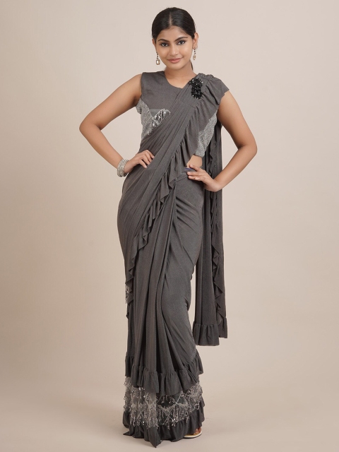 

Pothys Grey & Silver-Toned Embellished Sequinned Satin Saree