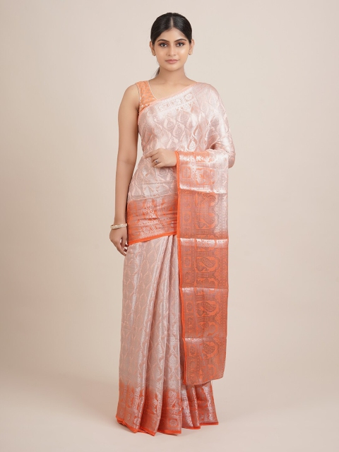 

Pothys Peach & Silver Woven Design Zari Saree