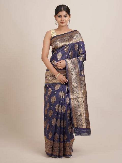 

Pothys Navy Blue & Gold-Toned Woven Design Zari Jute Silk Saree