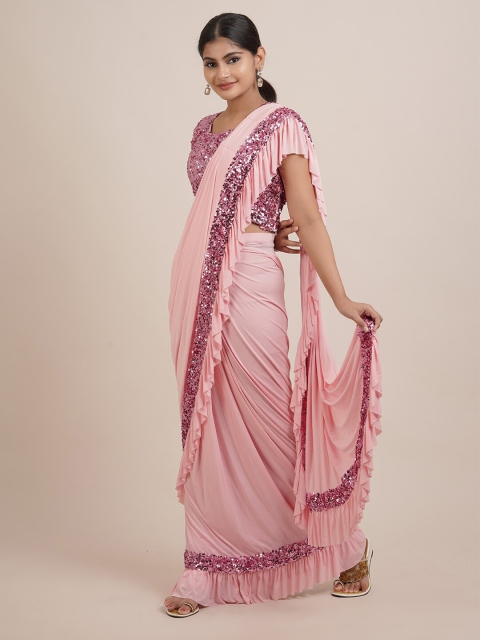 

Pothys Pink Sequinned Satin Ready to Wear Saree