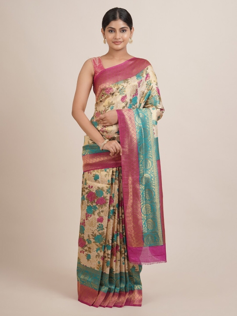 

Pothys Cream-Coloured & Pink Floral Zari Jute Silk Saree