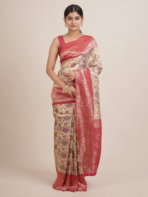

Pothys Women Cream Floral Print Woven Design Border Jute Silk Saree