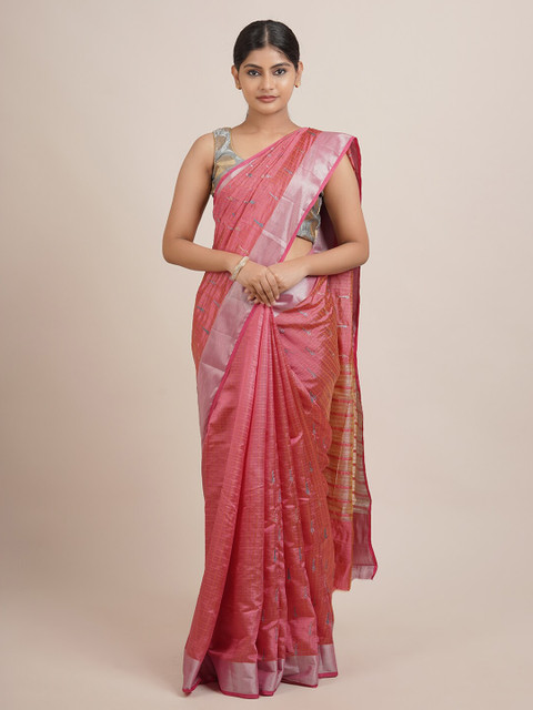 

Pothys Pink & Green Striped Zari Jute Silk Saree
