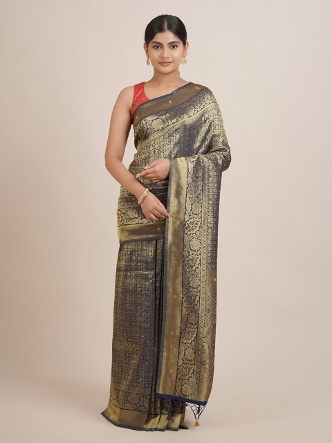 

Pothys Navy Blue & Gold-Toned Embellished Beads and Stones Jute Silk Saree