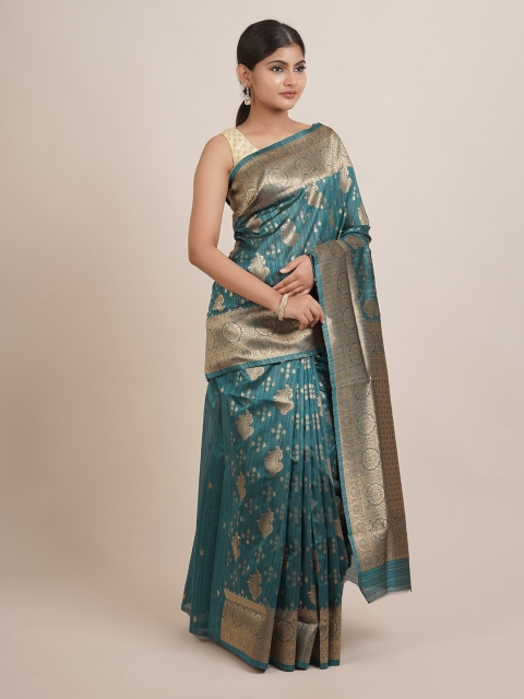

Pothys Women Teal Blue Ethnic Motifs Woven Design Jute Silk Saree