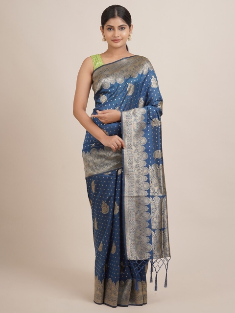 

Pothys Blue & Gold-Toned Floral Jute Silk Saree