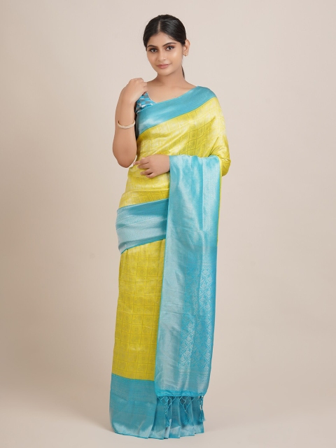 

Pothys Yellow & Blue Floral Zari Jute Silk Saree