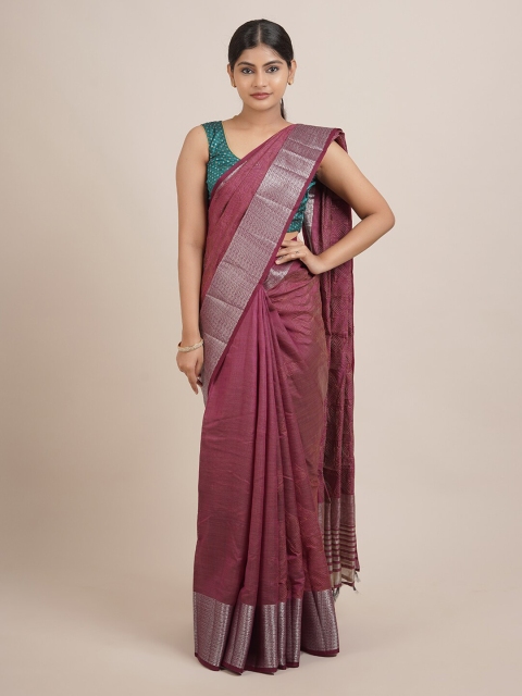 

Pothys Purple & Silver-Toned Ethnic Motifs Beads and Stones Jute Silk Saree