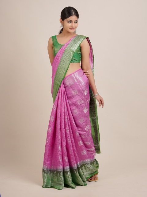 

Pothys Pink & Green Woven Design Zari Jute Silk Saree