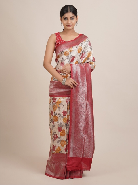 

Pothys Cream-Coloured & Red Floral Zari Jute Silk Saree