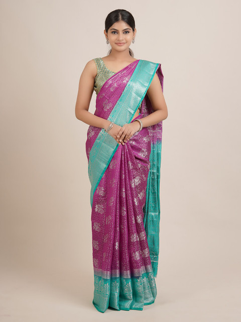 

Pothys Violet & Turquoise Blue Floral Woven Design Zari Saree
