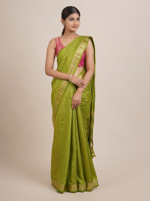 

Pothys Women Green Checked Embroidered Jute Silk Saree