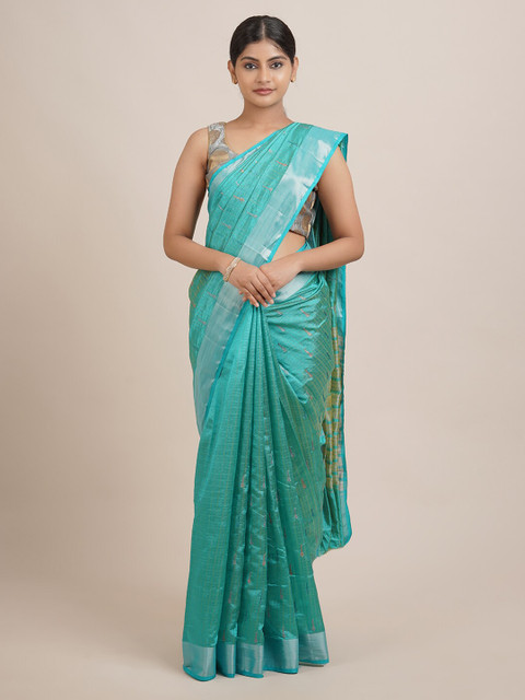

Pothys Blue & Silver-Toned Floral Zari Jute Silk Saree