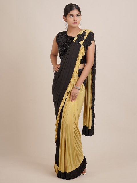 

Pothys Black & Mustard Colourblocked Satin Saree