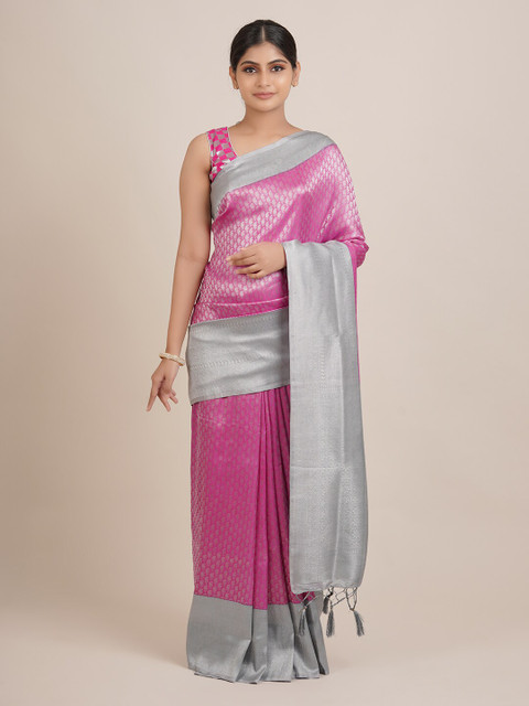 

Pothys Women Pink Paisley Woven Design Jute Silk Saree