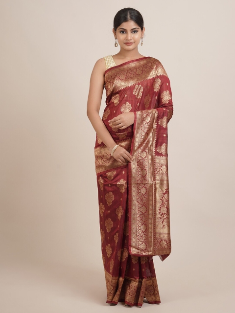 

Pothys Maroon & Gold-Toned Ethnic Motifs Zari Jute Silk Saree