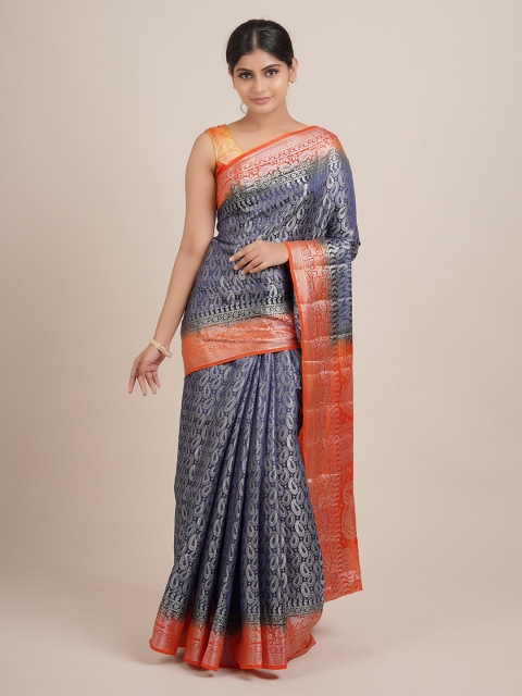 

Pothys Navy Blue & Orange Woven Design Zari Jute Silk Saree