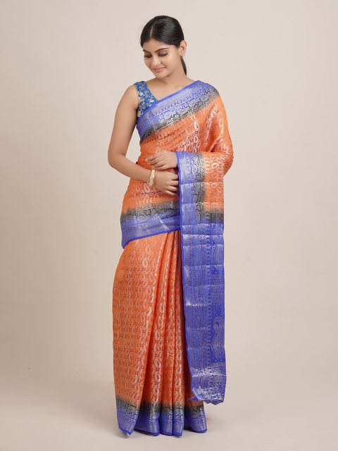 

Pothys Orange & Blue Ethnic Motifs Zari Jute Silk Saree