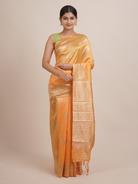 

Pothys Mustard & Gold-Toned Floral Zari Jute Silk Saree