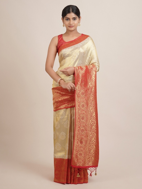 

Pothys Cream-Coloured & Red Floral Zari Jute Silk Saree