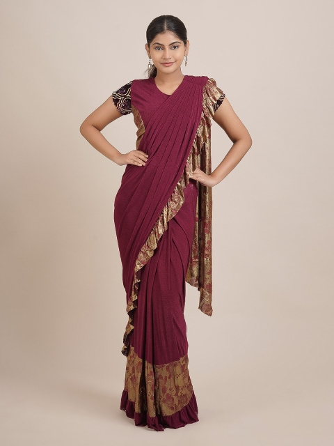 

Pothys Purple & Gold-Toned Satin Ruffle Saree