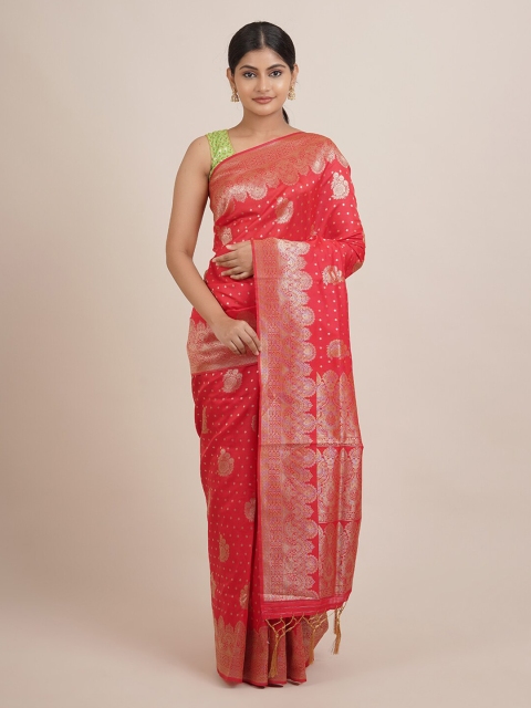 

Pothys Red & Gold-Toned Ethnic Motifs Zari Jute Silk Saree