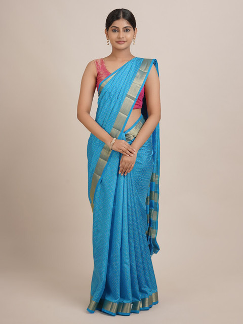 

Pothys Blue & Gold-Toned Woven Design Zari Jute Silk Saree