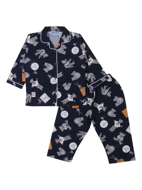 

Enfance Kids Navy Blue & White Printed Pure Cotton Night suit