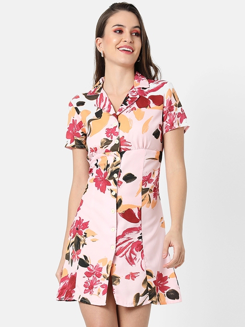 

Campus Sutra Women Peach-Coloured Floral Printed Shirt Mini Dress