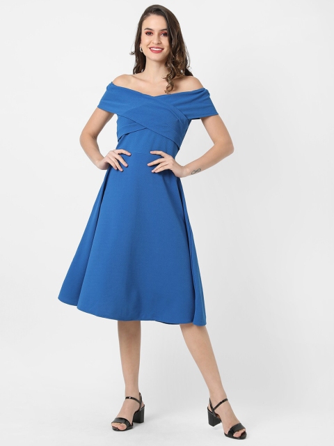 

Campus Sutra Women Blue Off-Shoulder Crepe Knee Length Dress