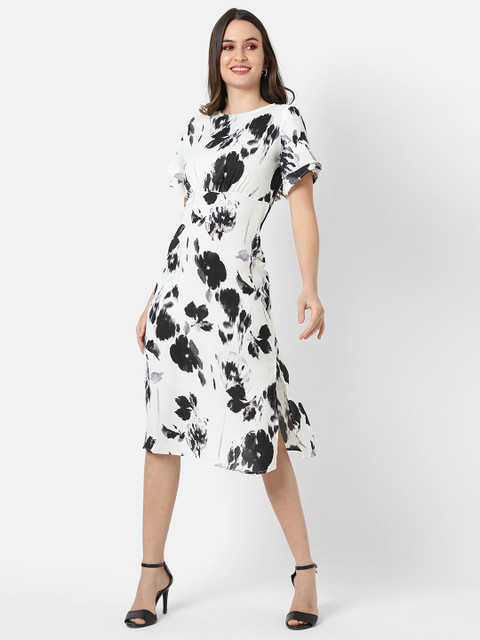 

Campus Sutra Women White & Black Floral Printed Midi Dress
