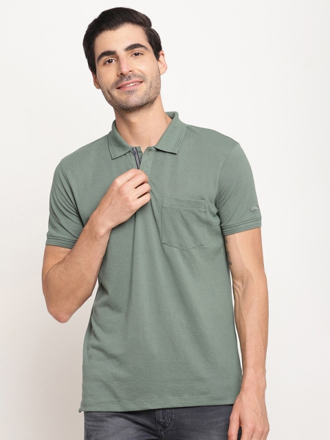 

Octave Men Olive Green Solid Pure Cotton Polo Collar T-shirt