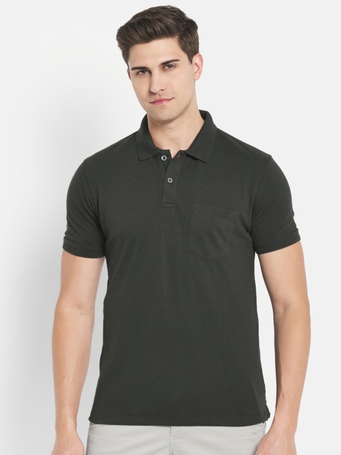 

Octave Men Olive Green Solid Pure Cotton Polo Collar T-shirt
