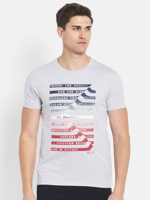 Octave Men Grey Melange Printed Pure Cotton T-shirt