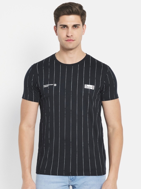 

Octave Men Navy Blue & White Striped Cotton T-shirt