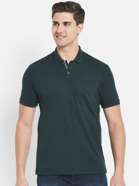 

Octave Men Green Polo Collar Applique Cotton T-shirt