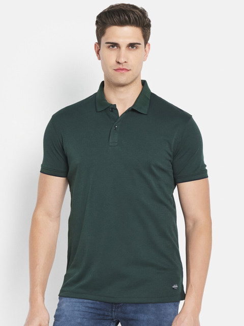 

Octave Men Green Solid Pure Cotton Polo Collar T-shirt