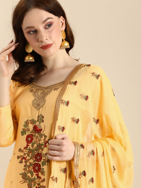 

Shaily Yellow & Red Embroidered Pure Cotton Unstitched Dress Material