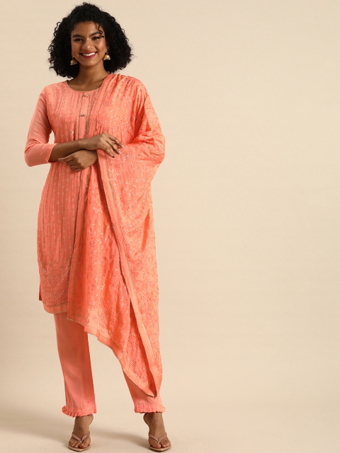 

Shaily Peach-Coloured & Silver Embroidered Silk Chiffon Unstitched Kurta Set Material