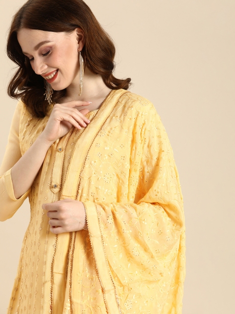 

Shaily Cream-Coloured Embroidered Sequined Silk Chiffon Unstitched Dress Material