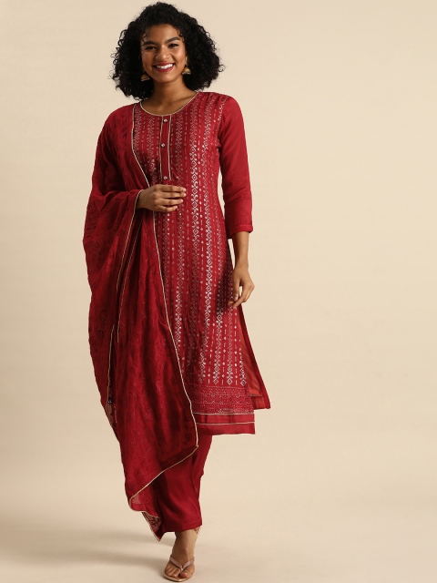

Shaily Maroon & Silver Embroidered Silk Chiffon Unstitched Kurta Set Material