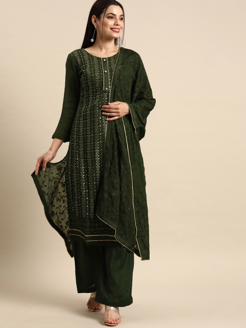 

Shaily Green & Silver Embroidered Silk Chiffon Unstitched Kurta Set Material