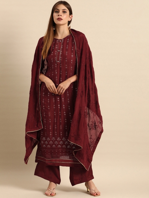 

Shaily Women Maroon Ethnic Motifs Embroidered Silk Chiffon Unstitched Dress Material