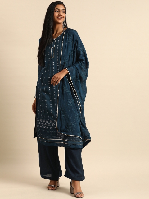 

Shaily Navy Blue & Silver-Toned Embroidered Silk Chiffon Unstitched Kurta Set Material
