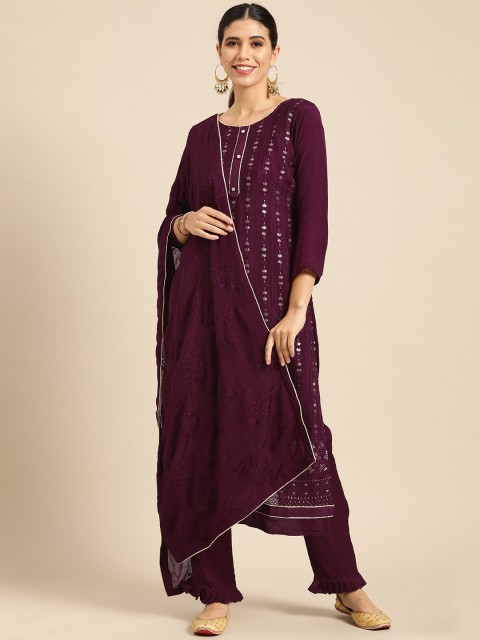 

Shaily Women Burgundy Ethnic Motifs Embroidered Silk Chiffon Unstitched Dress Material
