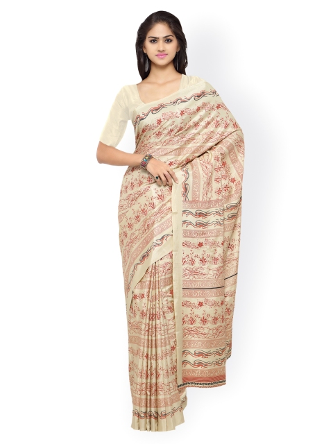 

Ligalz Beige Silk Printed Saree