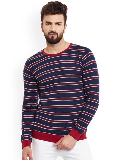 

Rigo Men Navy & Maroon Striped Round Neck T-shirt, Navy blue